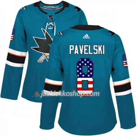 Nainen NHL San Jose Sharks Pelipaita Joe Pavelski 8 Adidas 2017-2018 Teal USA Flag Fashion Authentic